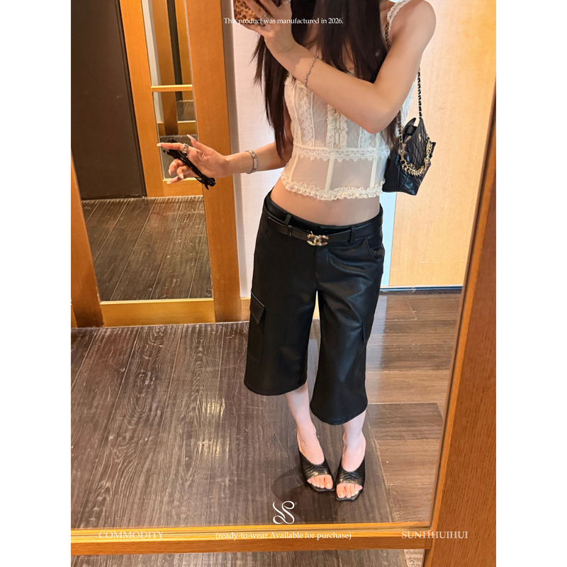 Sun11【Workwear Leather Shorts】Black Low-Waisted Cargo Straight-Leg Leather Shorts for Women, Summer Casual Shorts Sun11【Workwear Leather Shorts】Black Low-Waisted Cargo Straight-Leg Leather Shorts for Women, Summer Casual Shorts