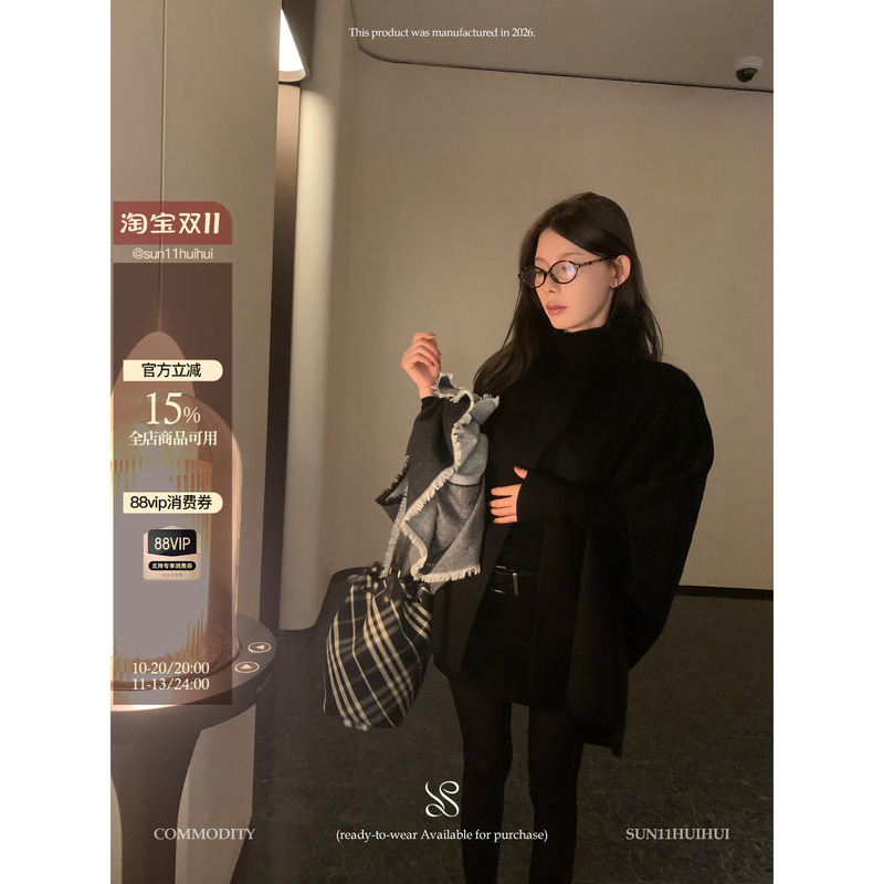 Sun11【Cool and Luxurious Feel】900G Double-Sided Full Wool Scarf Collar Cape Coat for Women, Winter Loose Top