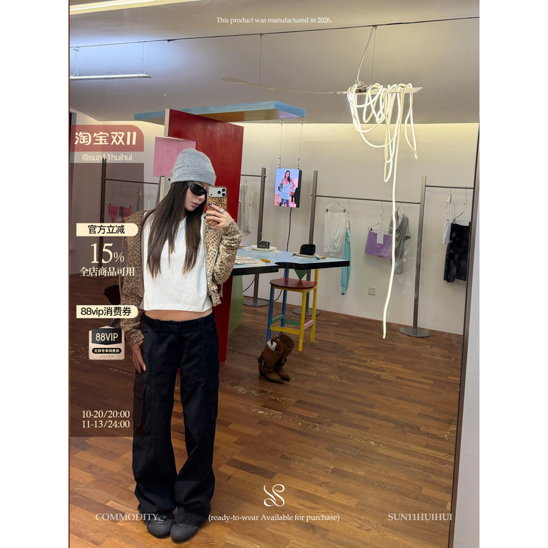 Sun11【Mist-Colored Gravel Pants】100% Cotton American Retro Black Cargo Pants for Women, Loose Casual Silhouette Long Pants
