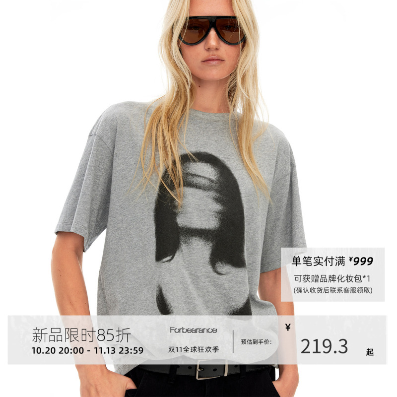 Forbearance100 Cotton Printed Short-Sleeved Autumn T-Shirt for Women, European and American Style, Lazy, Loose, Casual, Lazy Round Neck