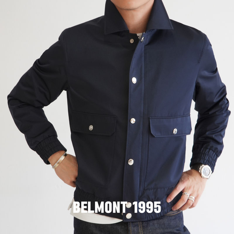 "Belmont" Tech Nylon and Silk Blend Storm Jacket with Regular Shoulder Fit in Navy Blue for Autumn "Belmont" Tech Nylon and Silk Blend Storm Jacket with Regular Shoulder Fit in Navy Blue for Autumn