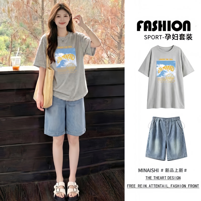 Maternity Set Summer 2026 New Short-Sleeve T-Shirt Relaxed Korean Style Casual Tencel Denim Shorts Outfit for Commuting
