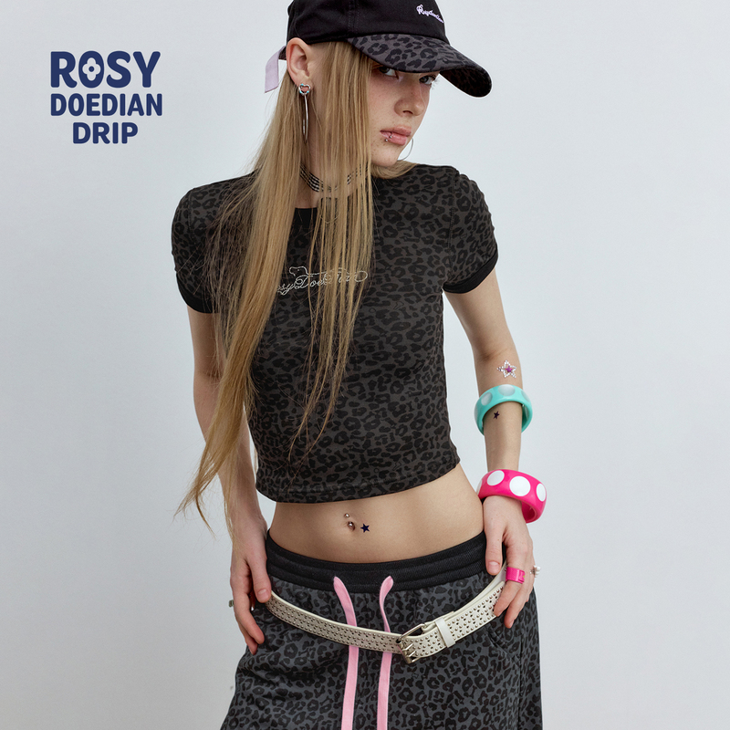 Rosydoedian【Money Paw】Zhao Lusi's Same Style Short-Sleeved T-Shirt Casual Short Leopard Print Top for Women