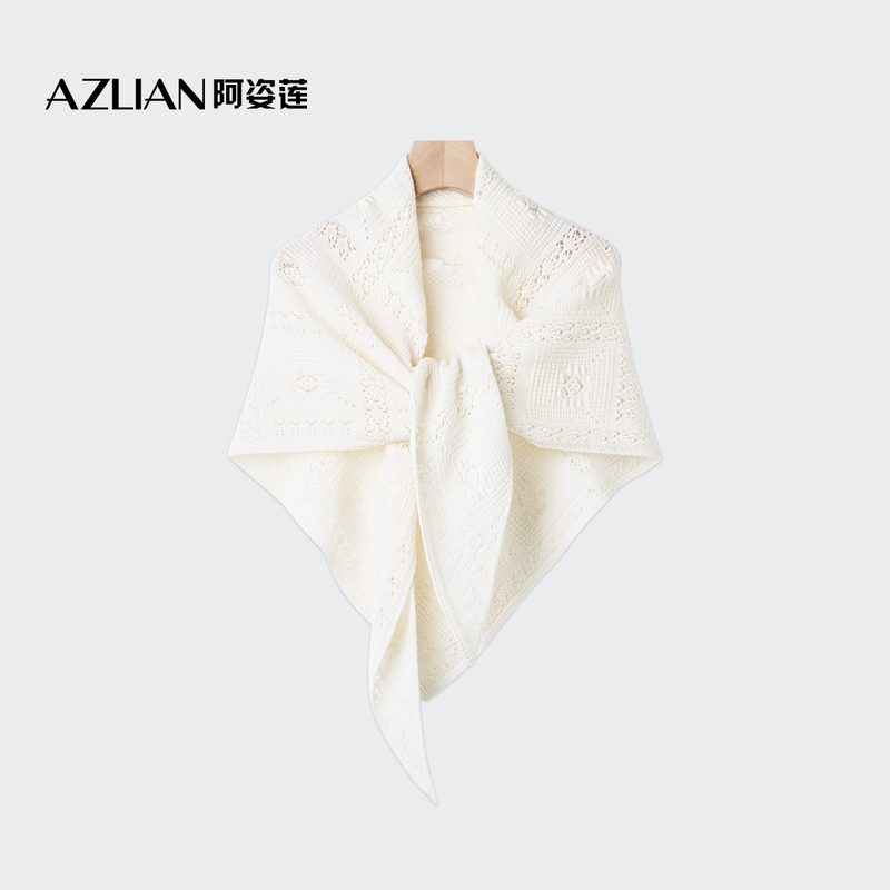 Azilian Old Money Style Cashmere Knitted Triangle Scarf for Women, White Hollow Shawl, Warm Neck Warmer, Elegant and Sophisticated