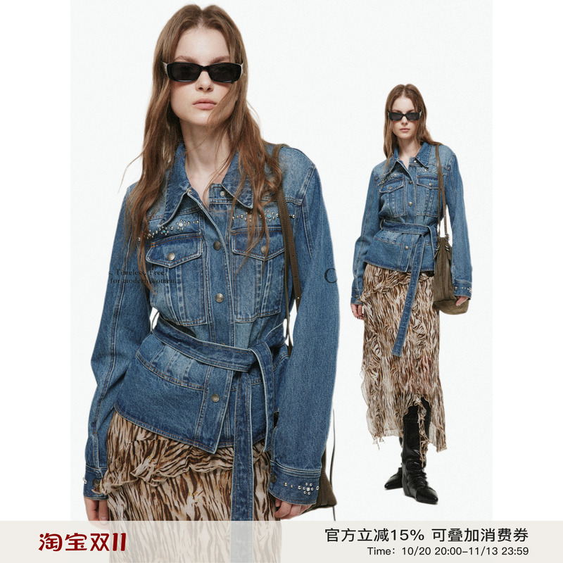 Ciel Solé American Western Bohemian Style Denim Jacket for Women with Handmade Rivets and Waist-Cinching Vintage Coat
