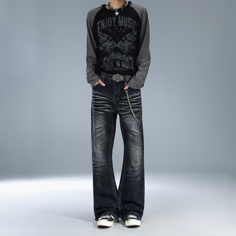 Nojiecoo American Retro Distressed Flared Versatile Jeans Unisex Black Pleated Drape Jeans