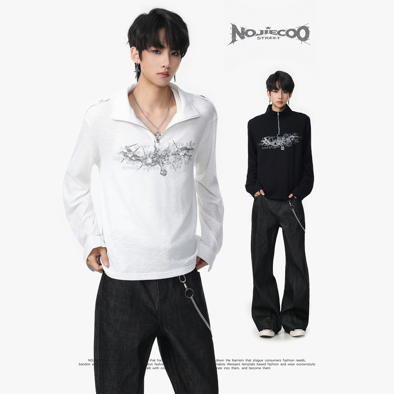 Nojiecoo American Retro Stand-Up Collar Metal Half-Zip Long-Sleeve T-Shirt for Men and Women, Loose Printed Thin Top, Trendy