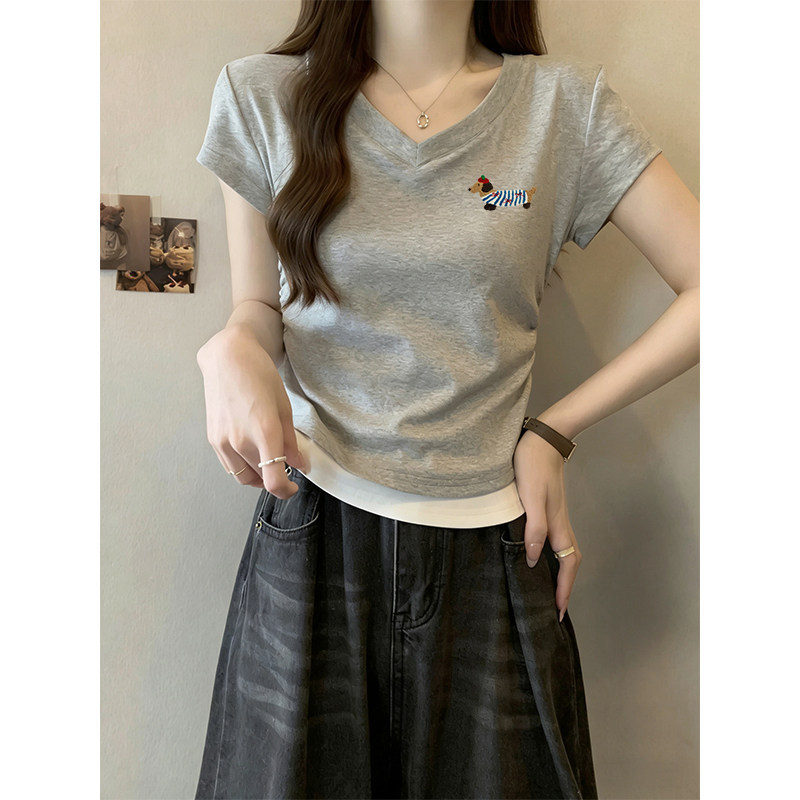 Cotton-Like Gray Summer Two-Piece V-Neck Color-Block Top 2026 New Style Petite Waist-Cinching Slim-Fit Versatile Short-Sleeve T-Shirt for Women