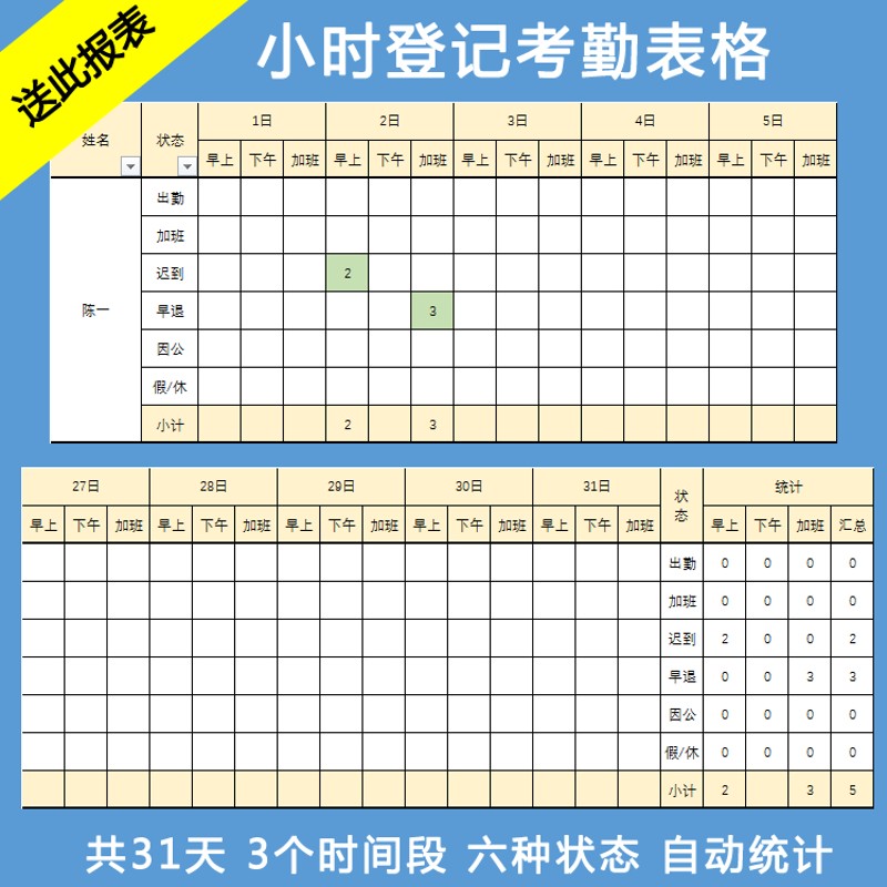 Company attendance sheet, work attendance book, attendance sheet, attendance registration form report, automatic statistical summary