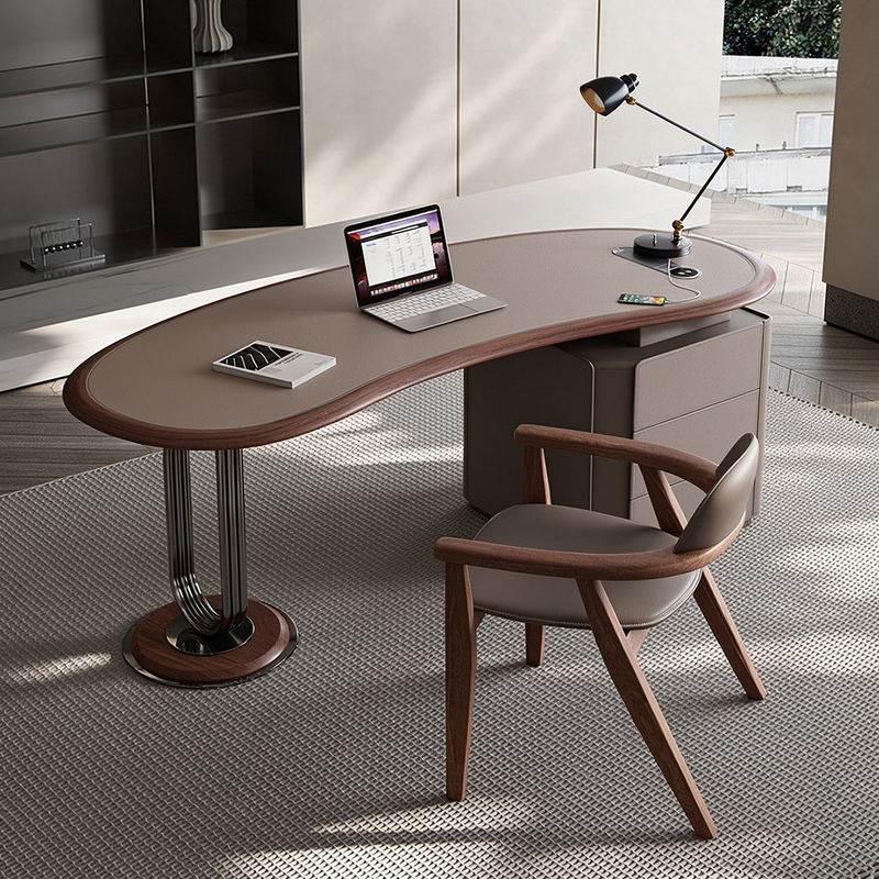 Luxurious High-End Designer Desk with Unique Shape, Made of Vintage Saddle Leather and Solid Wood, Suitable for Study Room or Executive Office Luxurious High-End Designer Desk with Unique Shape, Made of Vintage Saddle Leather and Solid Wood, Suitable for Study Room or Executive Office