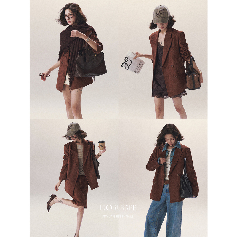 Dorugee'Late Autumn Maple' Autumn Women's Minimalist Retro Commuting Old Money Style Melard Mid-Length Blazer