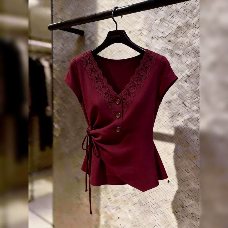 Elegant and Versatile Short-Sleeved Top for Women, 2026 Summer New Style, Burgundy Lace Button-Up Tie, Casual and Fashionable Elegant and Versatile Short-Sleeved Top for Women, 2026 Summer New Style, Burgundy Lace Button-Up Tie, Casual and Fashionable