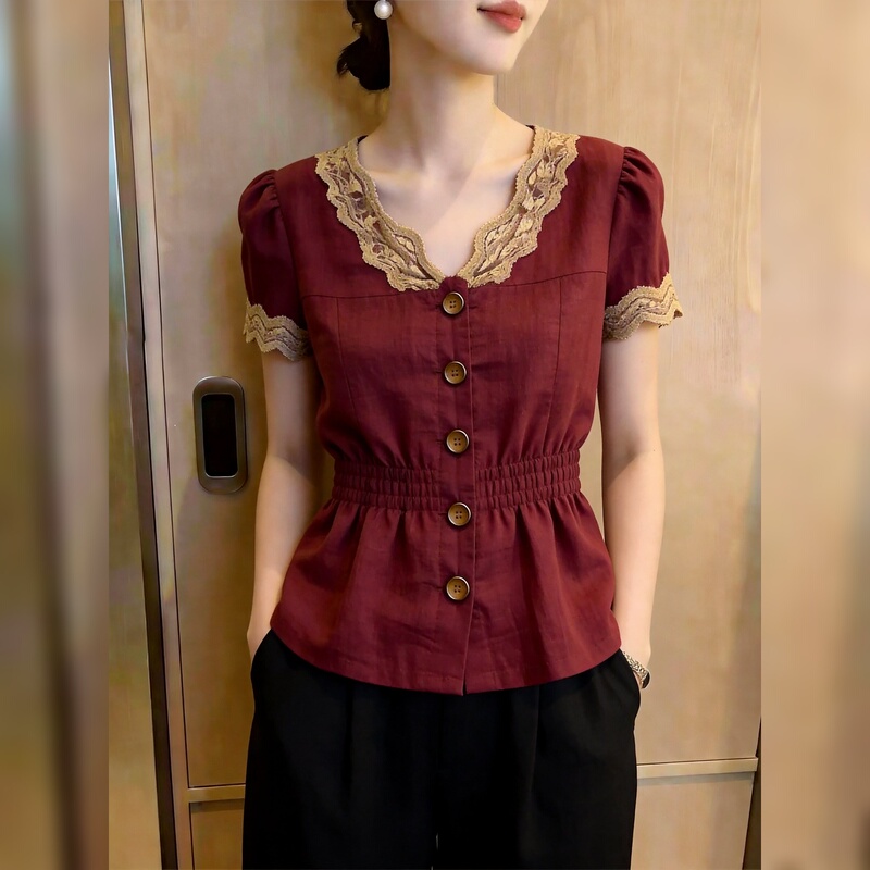 French Lace Patchwork Short-Sleeved Top for Women, 2026 Summer New Style, Waist-Cinching Burgundy Shirt, Fashionable and Versatile French Lace Patchwork Short-Sleeved Top for Women, 2026 Summer New Style, Waist-Cinching Burgundy Shirt, Fashionable and Versatile