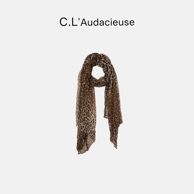 C.L'Audacieuse Fog Leopard Qingyao｜Low-Saturation Leopard Print Pleated Soft Silk Long Scarf Cl26C0179