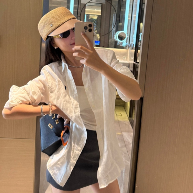 [Oem Channel] Pony Logo Linen Shirt Embroidered Women's Summer Thin Sunscreen Shirt Casual Loose Long Sleeve Jacket
