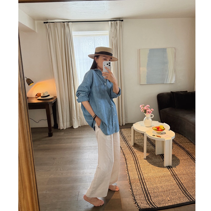 Weaving |   Imported Fabric, Pre-Washed, Natural Faded and Distressed Look, Boyfriend Style Oversized Shirt.
