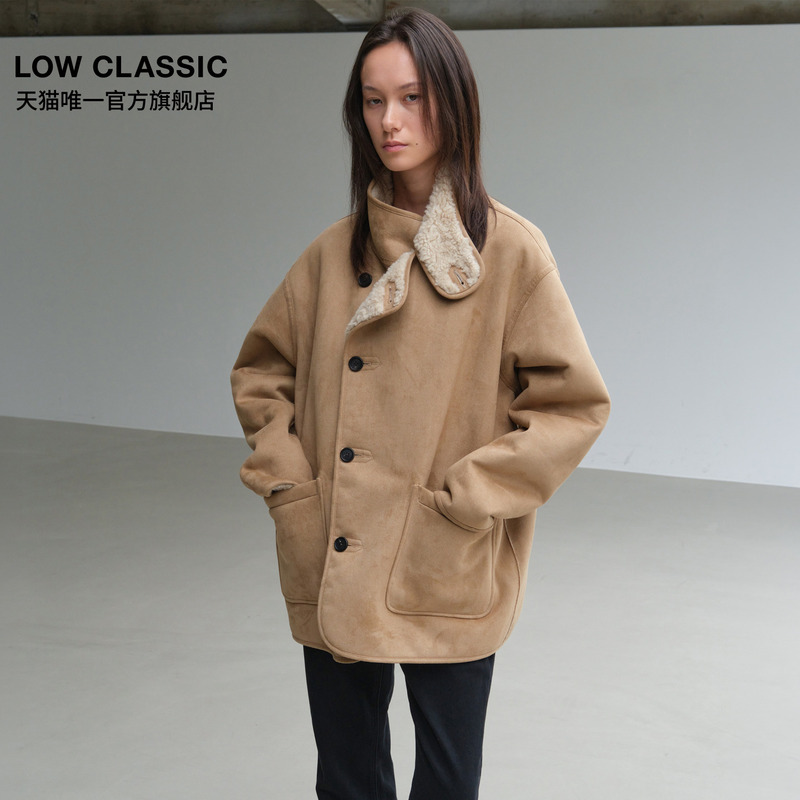 [Official Authentic Product] Low Classic Double-Sided High-Neck Plush Jacket Loose Fit Warm Coat for Women