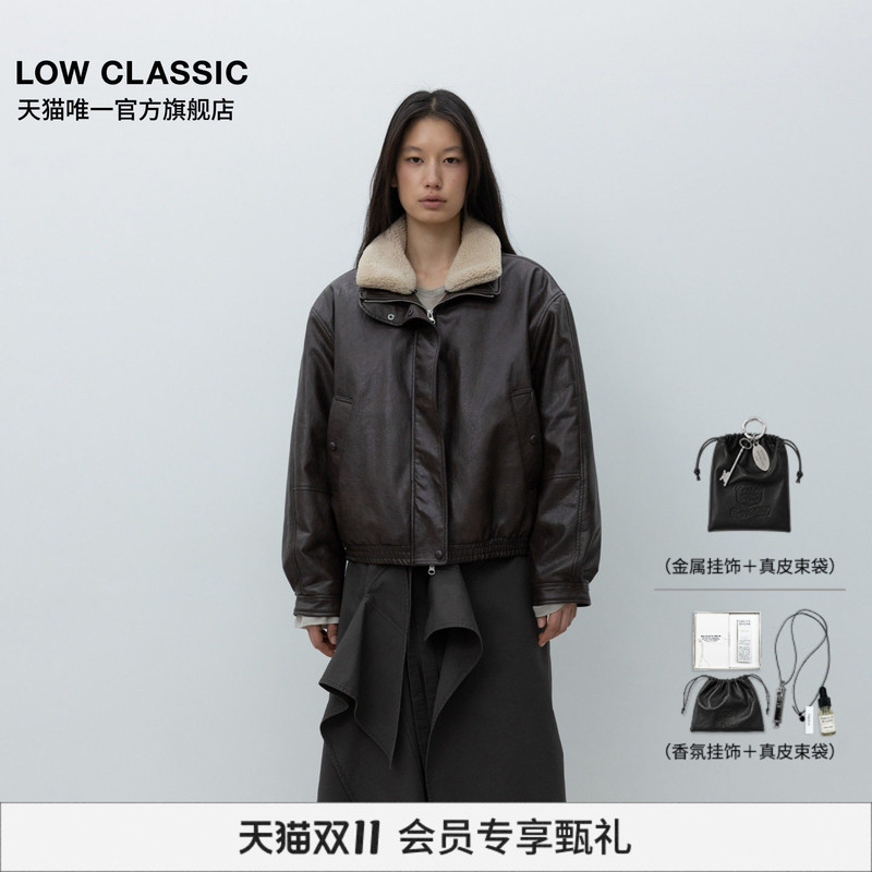 [Tmall Exclusive] Low Classic Washed Motorcycle Jacket with Detachable Fur Collar Design Leather Coat for Women