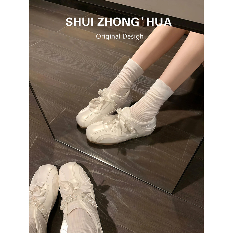 French Ballet Training Shoes for Women 2026 Summer New Style Pearl Ribbon Height-Increasing Versatile Casual Sports Shoes