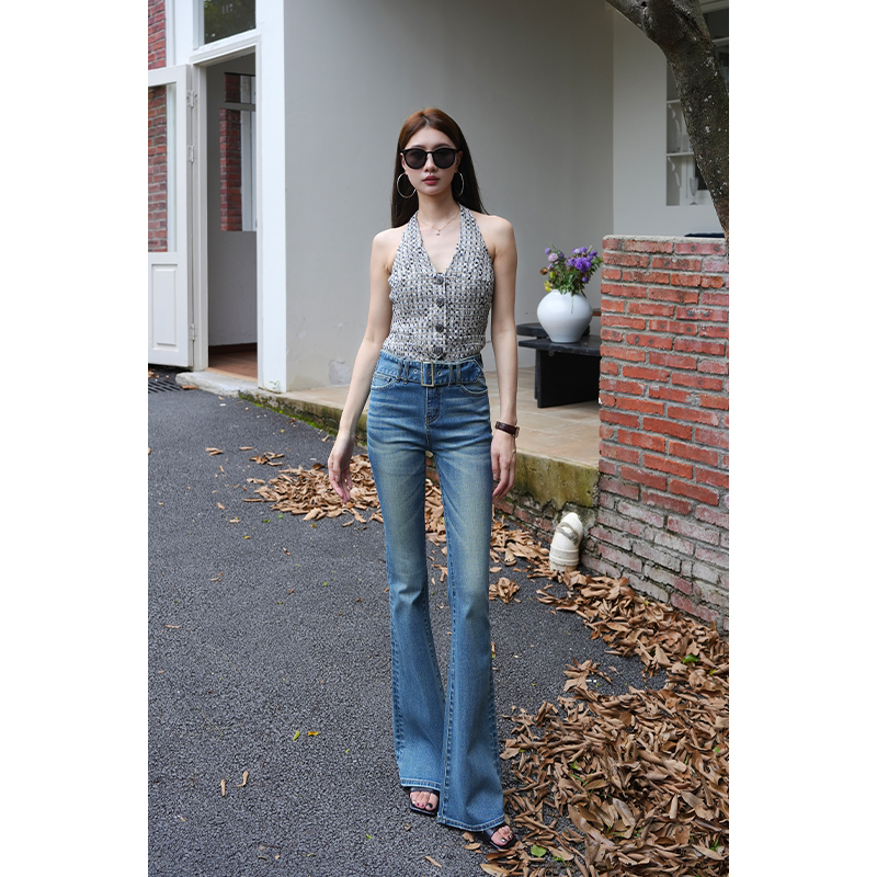 American-Style Blue Belt Mid-High Waist Retro Denim Flared Pants, Stretchy, Height-Enhancing, Slimming, Fall/Winter 2026 Floor-Length Pants