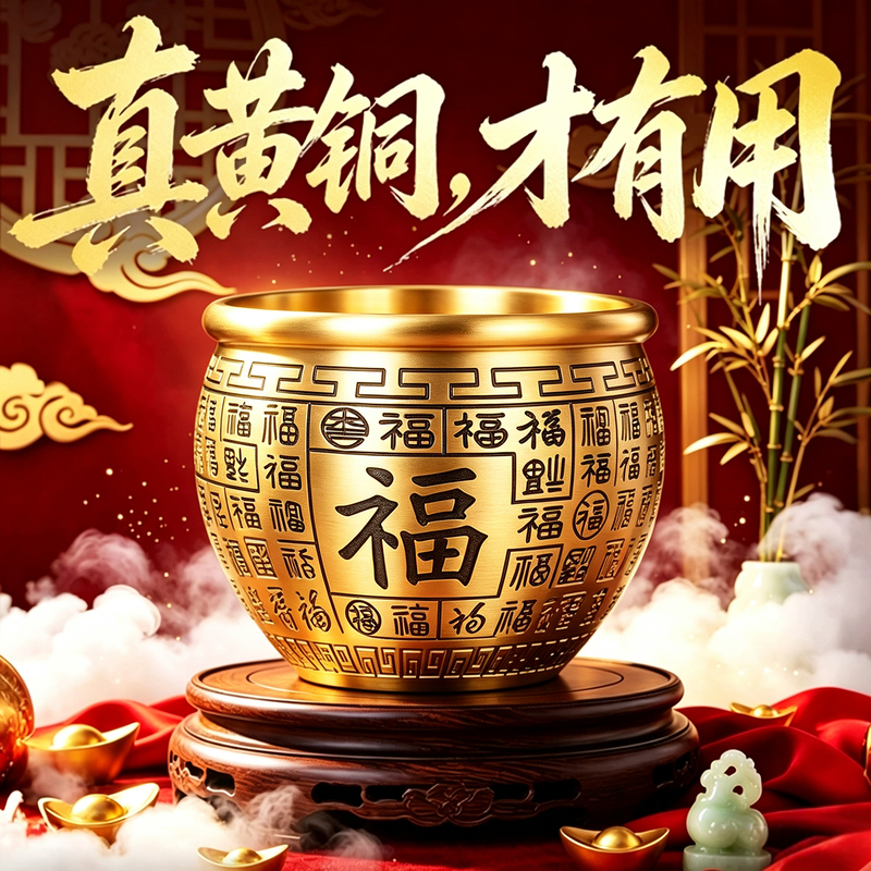 Brass Rice Jar, Refrigerator, Hundred Blessings Jar, Wealth Storage Copper Jar, Treasure Bowl, Piggy Bank, Decoration for Home, Living Room, Shop