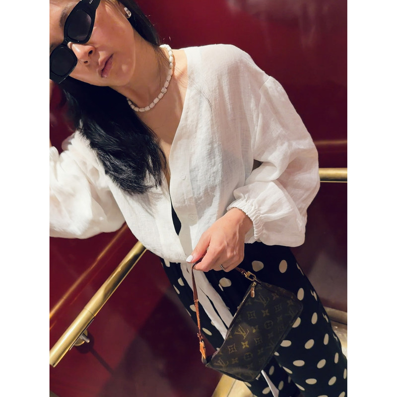 Tang Town LAOSHU Lightweight High-Count Linen/Hemp Drop-Shoulder Puff-Sleeve Blouse with Tie-Up Sun Protection Shirt for Women in Summer