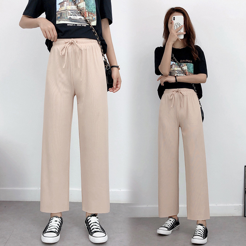 Ice silk wide leg pants women's summer new Korean version high waist hanging nine-point pants loose drop sense straight mopping casual pants