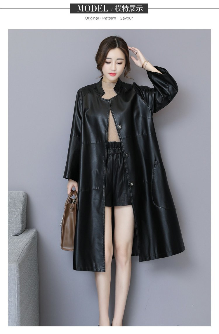 Mùa xuân 2018 mới và áo khoác da nữ Hained dài phần phiên bản Hàn Quốc của đầu gối qua áo khoác da nữ lỏng lẻo áo da nữ dáng dài