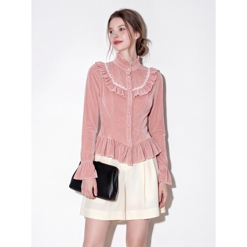 Retro Palace-Style Lotus Pink Stand-Collar Ruffled Shirt for Women, New Autumn Lace Patchwork Waist-Slimming Top