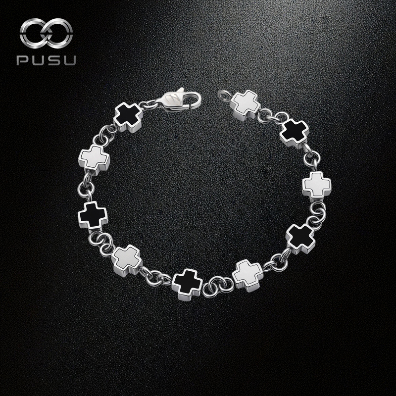 Pusu Black and White Cross Sterling Silver Bracelet for Men, Fashionable and Unique Design, Light Luxury High-End Couple Jewelry Pusu Black and White Cross Sterling Silver Bracelet for Men, Fashionable and Unique Design, Light Luxury High-End Couple Jewelry
