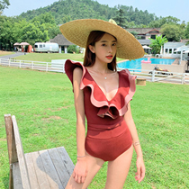 Swimsuit female summer 2021 new fashion fairy fan sexy deep V backless Burgundy hot spring
