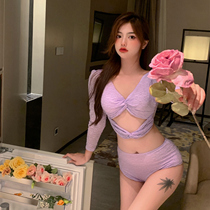 Swimwear Women summer 2021 new sexy split bikini small breasts gathered to cover belly thin retro solid color long sleeves