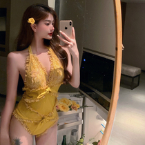 Swimsuit female summer conjoined 2021 new sexy yellow retro fairy fan conservative small chest gathered to cover the meat thin