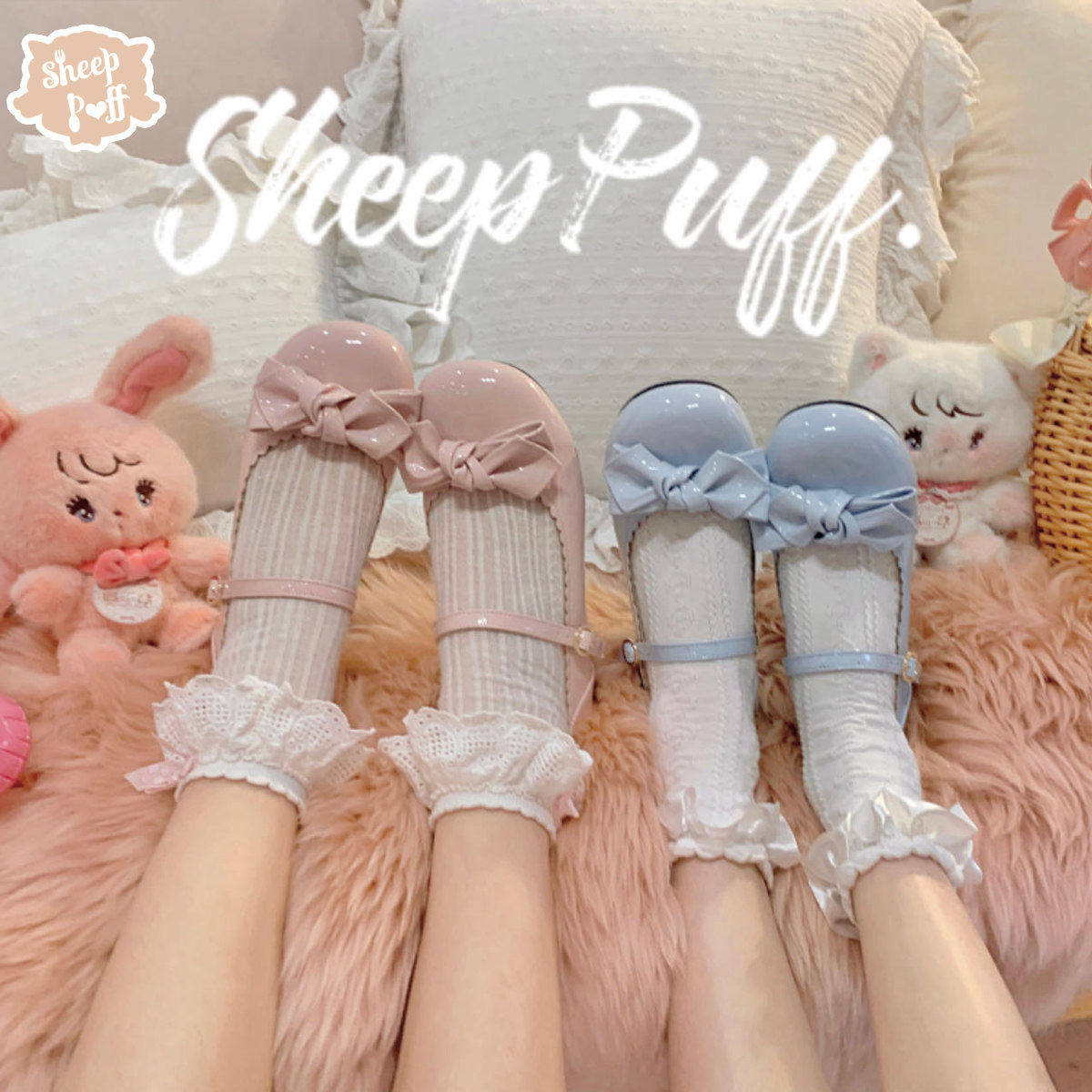 [in Stock] Slightly Round Patent Leather Sheepskin Puff Lolita Girl Round-Toe Bow Shoes Single Shoes