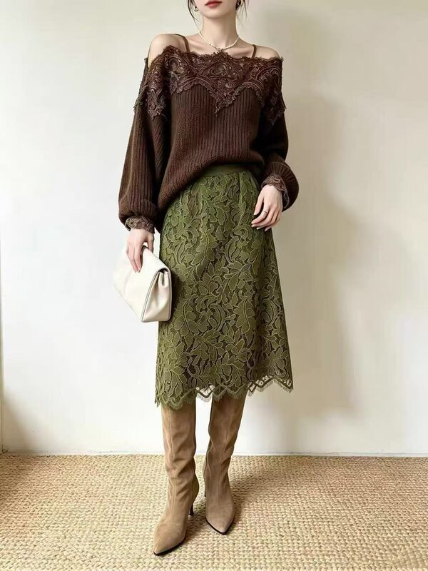 23139 Nanyou High-Quality Silk Rong Embossed Crochet Vintage Elegant Heavy Lace Straight Skirt～G11