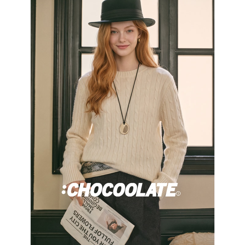 It: Chocoolate Off-White Twist Wool Knit Sweater for Women, Autumn Gentle Style, Loose Round Neck Base Shirt It: Chocoolate Off-White Twist Wool Knit Sweater for Women, Autumn Gentle Style, Loose Round Neck Base Shirt