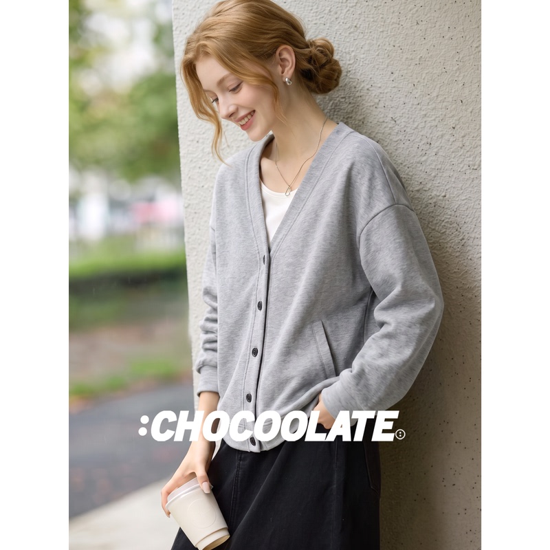 It:Chocoolate Gray V-Neck Long-Sleeved Jacket for Women, Autumn Casual Simple Style Loose Cardigan Top
