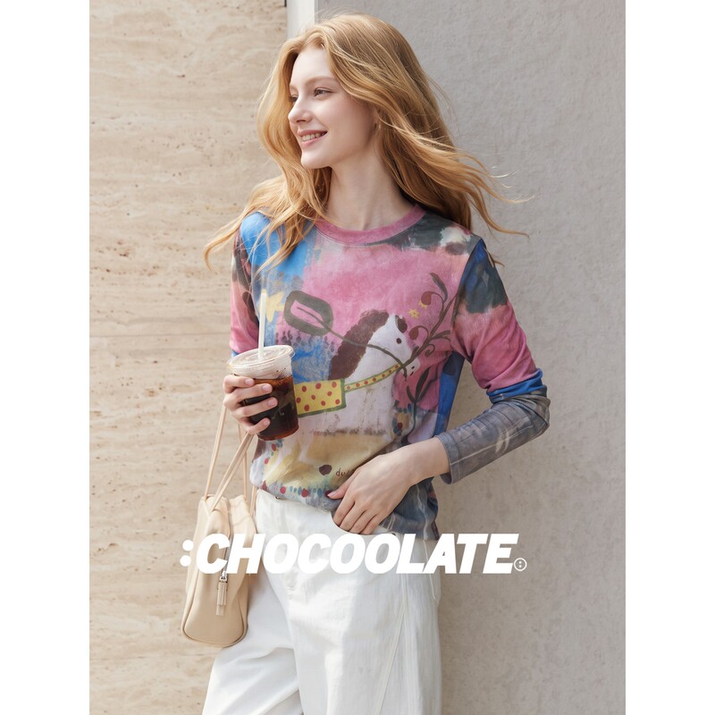 It: Chocoolate Colorful Printed Round Neck T-Shirt for Women, Autumn Sweet Style, Slimming Mesh High-End Pullover It: Chocoolate Colorful Printed Round Neck T-Shirt for Women, Autumn Sweet Style, Slimming Mesh High-End Pullover