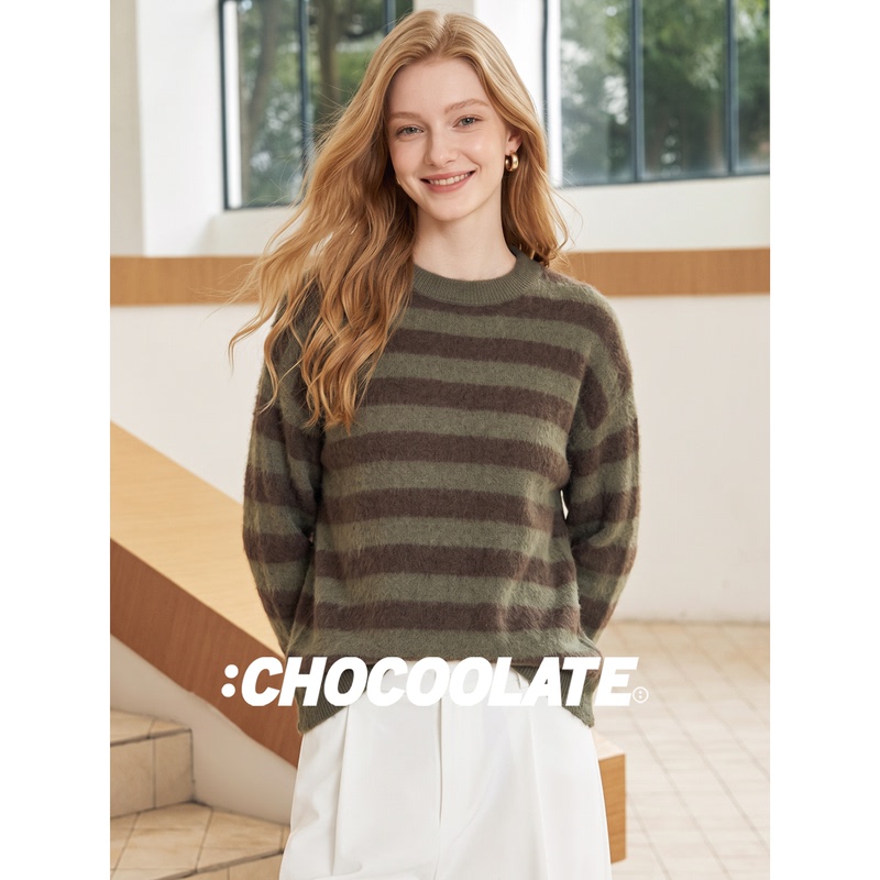 It:Chocoolate Contrasting Color Striped Round Neck Wool Knitwear for Women Autumn Work Clothing Style Loose Shoulder Sleeve Sweater