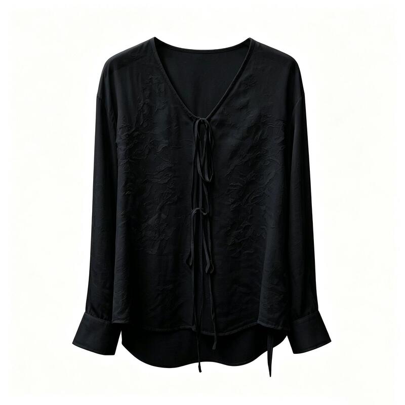 [Angel Exclusive] Lyocell Ramie Blend Heavy Lace Embroidery Lace-Up Long Sleeve Women's Top Xc6Xh83291