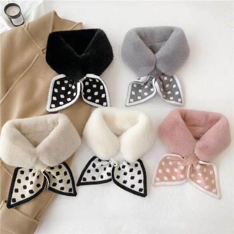 Plush Cross-Neck Scarf for Women, Faux Rex Rabbit Fur, Warm Scarf for Autumn and Winter, Detachable Collar, Windproof, Korean Style