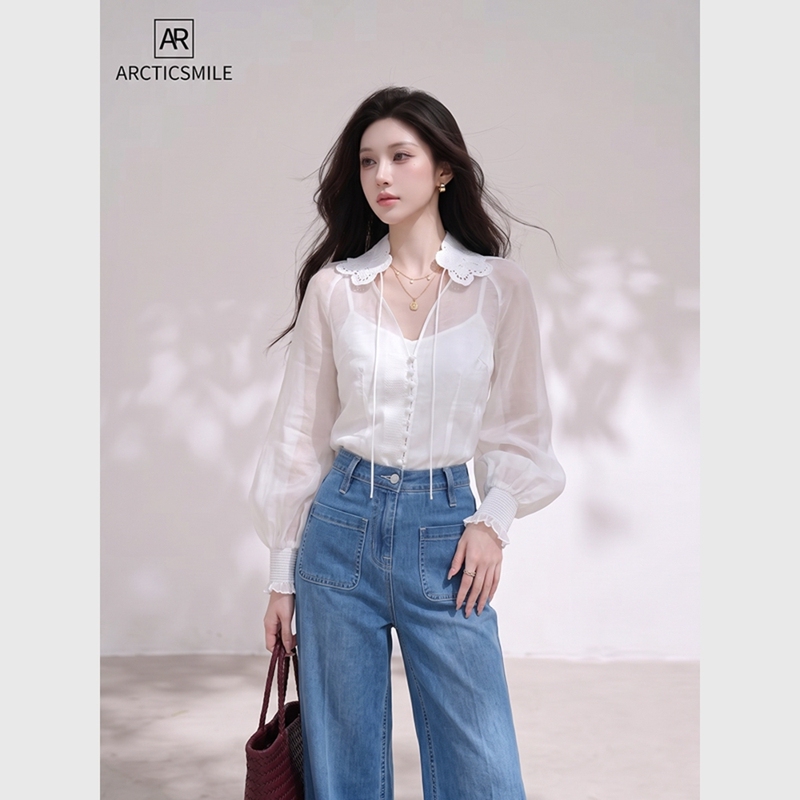 White Shirt for Women 2026 New Summer Style, Very Pretty French Retro Lace Trim Linen Slightly Sheer Long-Sleeve Top