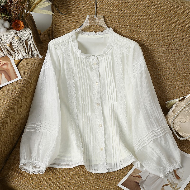 Fashionable Lace-Trimmed Long-Sleeve Shirt for Women, White Thin Style, New Autumn Model, Elegant Versatile Top