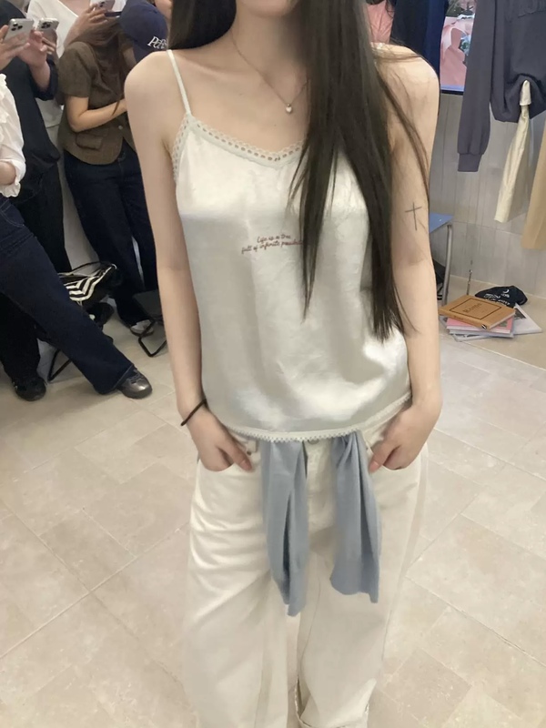 Sanwa San【Noagi.】Lace-Trimmed Korean-Style Camisole with Acetate Letter Print for Women Nnzk0033
