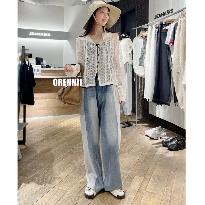 Free Shipping 4-Color Js Patchwork Washed Frayed Hem Denim Pants Elastic Waist Loose Casual Pants Japanese Style Women's Autumn X