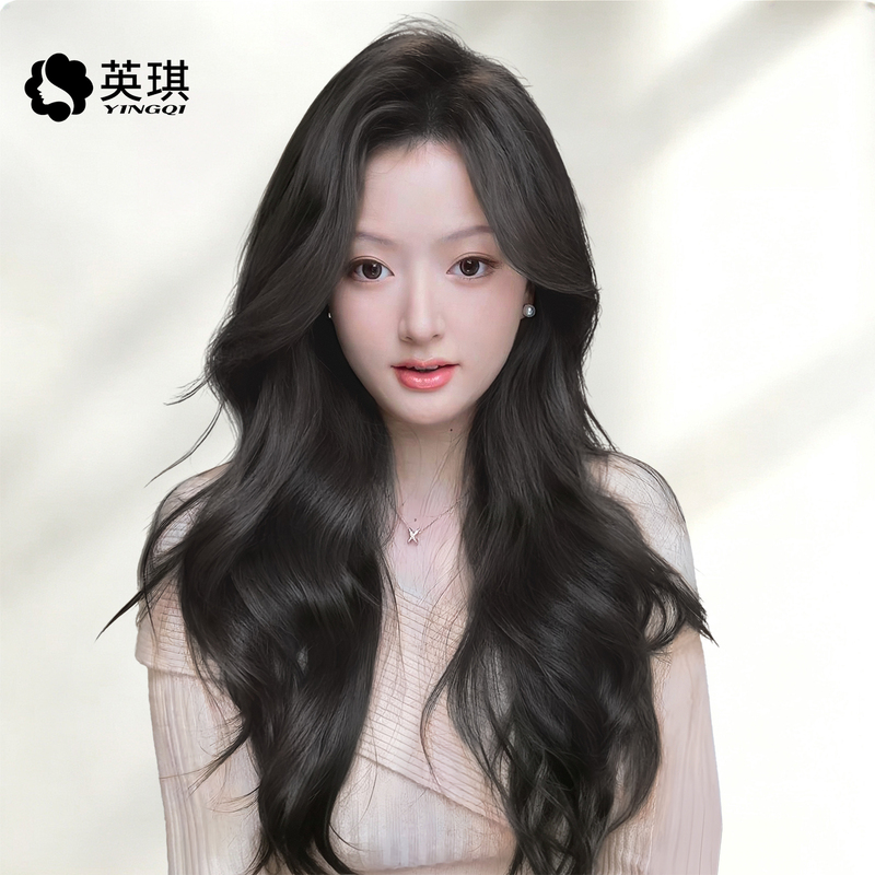 Yingqi Wig Lace Clip-In Bangs with Large Wavy Curls Full Head Wig for Women Long Hair Middle Part Seamless Hairpiece