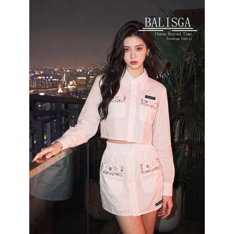 High-End Women's Clothing White Sequin Pocket Shirt and Short Skirt Set for Women, Autumn Sweet and Cool Street Style Slimming Two-Piece Set for Women High-End Women's Clothing White Sequin Pocket Shirt and Short Skirt Set for Women, Autumn Sweet and Cool Street Style Slimming Two-Piece Set for Women