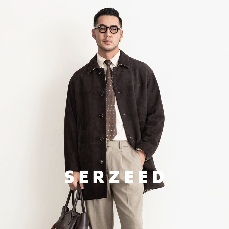 Gentleman Style Retro Suede Sheepskin Mid-Length Trench Coat Autumn Loose Genuine Leather Men's Trench Coat Outwear Coat Gentleman Style Retro Suede Sheepskin Mid-Length Trench Coat Autumn Loose Genuine Leather Men's Trench Coat Outwear Coat
