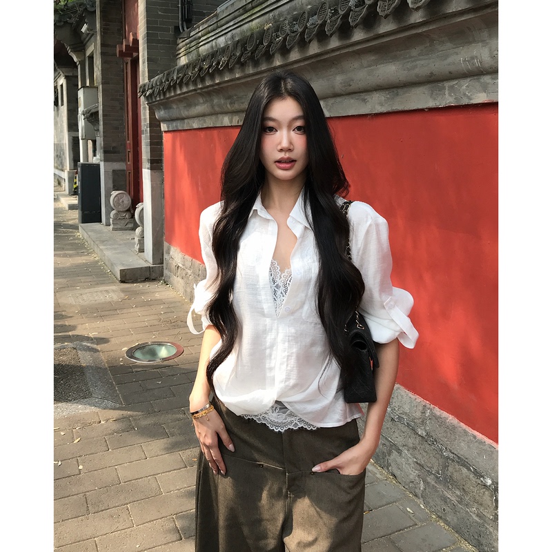 Liangpi Itspipi White Shirt for Women, New Autumn Style, Loose Lace Fake Two-Piece Top, Polo Shirt, Women's Shirt