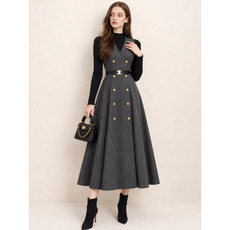 Veesmile Autumn and Winter Woolen Dress for Women, High-End, Gentle and Elegant, Knitted Inner Layer, Two-Piece Set
